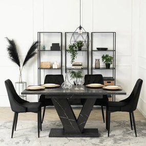 Zestaw Stół Prostokątny Rozkładany CLARK 120-160 cm Czarny Marmur i 4 Krzesła Tapicerowane CORK Czarne Welurowe Loft
