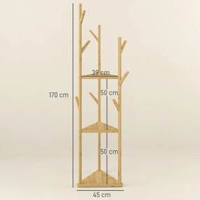 HOMCOM Wieszak na Ubrania z Bambusa, 8 Haków, 3 Półki, Naturalny