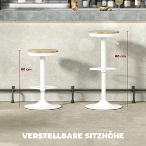 HOMCOM Stołki barowe 2 szt., regulowane, obrotowe 360° z ramą stalową i podnóżkiem 38,5x38,5x60-80 cm Drewno naturalne+Biały | Aosom PL