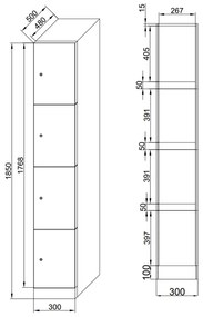 Szafka skrytkowa, 4 schowki, 1850 x 300 x 500 mm, demontaż, zamek RFID, drzwi beżowe