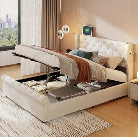 Łóżko 140x190 cm z pojemnikiem na pościel, zagłówkiem, lampką do czytania z ładowaniem przez USB, stelażem z listew, ramą łóżka