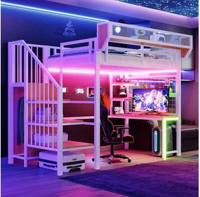 Łóżko piętrowe metalowe - 90 x 200 cm - z biurkiem + półką i siatką na rzeczy + drabinką + diodami LED + gniazdkiem elektrycznym - białe