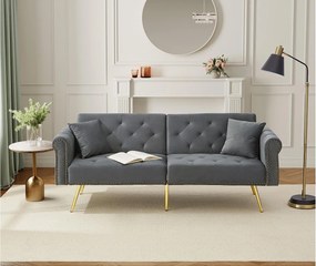 Sofa 2-osobowa, szary aksamit, z 3-stopniowym odchyleniem oparcia, złote nogi, do salonu i biura