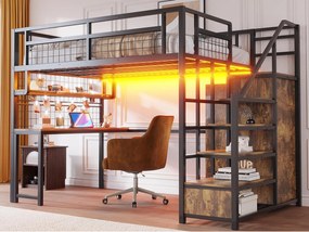 Łóżko mezzanine 140x200 cm - z oświetleniem LED i gniazdkami - z drabinką z miejscem do przechowywania - z szafą - przechowywanie i stolik - czarny