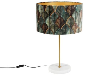 Mosiężna lampa stołowa z aksamitnym abażurem w kształcie liścia i złotym wnętrzem - Kaso