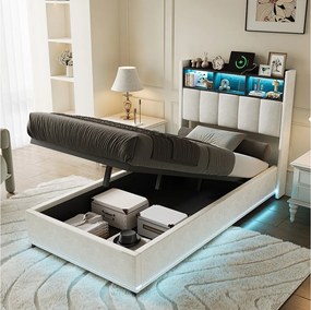 Łóżko 90x200 cm z białego aksamitu ze schowkiem podnoszonym gazowo, zagłówkiem z oświetleniem LED, portem USB/typu C i bocznym oświetleniem LED