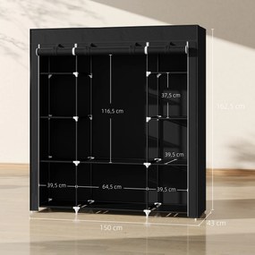 HOMCOM Szafa z włókniny Czarna Składana z 9 półkami i wieszakiem na ubrania 150x43x1625cm | Aosom PL