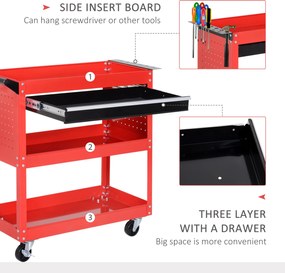 HOMCOM wózek narzędziowy czerwony 3 półki 4 kółka 82x35x76cm organizacja warsztatu | Aosom PL