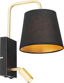 Nowoczesna lampa ścienna czarna i złota z lampką do czytania - Renier