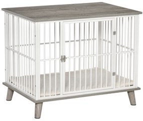 PawHut Drewniana klatka dla psa Biało-szara 86x60x70cm Elegancka i bezpieczna | Aosom PL