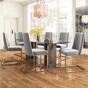 Zestaw 6 luksusowych krzeseł welurowych do salonu - 64,14 x 63,5 x 47,63 cm - oparcie w kształcie diamentu - złote metalowe nogi - szary