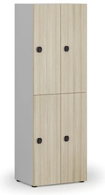 Drewniana szafka skrytkowa S4, 4 schowki, demontaż, zamek kodowy, szary/dąb naturalny