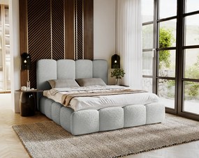 Emporius Merkad Boucle łóżko tapicerowane 160x200 - łóżko z pojemnikiem, gruba pianka, stelaż - elegancki design, tkanina boucle, jasny szary (Anthology 15)