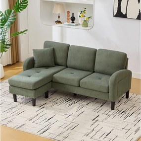 Sofa 3-osobowa z szezlongiem – Sofa narożna z kieszeniami bocznymi – Zielona tkanina bawełniano-lniana