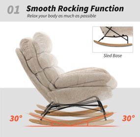 HOMCOM Tapicerowany fotel bujany z nogami stalowymi i drewnianymi płozami, kremowy