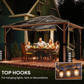 Outsunny Pawilon ogrodowy 4x3m aluminiowy z dachem z poliwęglanu 6 mm, moskitiera, 4 zasłony, imitacja drewna, naturalne drewno | Aosom PL