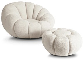 Fotel Wypoczynkowy Obrotowy PETTIT Kremowy z Pufą w Tkaninie Teddy Boucle