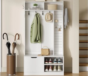 Nowoczesna szafa na przedpokoju 100x40x185.4cm - z 6 hakami i 1 drzwiami - z 4 otwartymi półkami - Biały