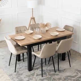 Zestaw Stół Rozkładany SKUBI 120-160 cm Dąb Craft/Czarny i 6 Krzeseł Tapicerowanych CHRIS Beżowych Nowoczesnych