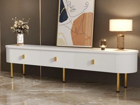 Nowoczesna szafka RTV - 3 szuflady z uchwytami i złotymi nóżkami - Biała