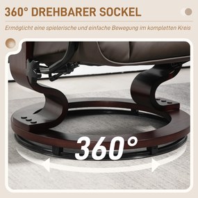 HOMCOM Fotel relaksacyjny z podnóżkiem, obrotowy i z funkcją pochylania, Pokrycie ze skóry ekologicznej, Do 150 kg, Drewniana rama, Brązowy