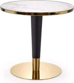Stół Debor 79 cm w stylu glamour z okleinowanym blatem MDF imitującym marmur na czarnej nodze ze złotymi elementami
