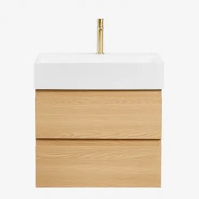 Zestaw Wiszących Mebli Łazienkowych Z Drewna I Forniru Jesionowego Zintegrowany Z Umywalką Ona Naturalna & Bezlusterkowiec - Sklum