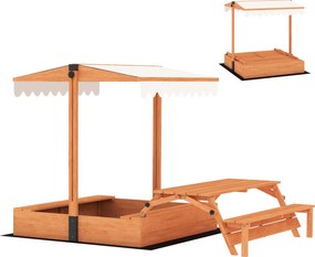AIYAPLAY Piaskownica z dachem Piaskownica z drewna ze składanym stołem piknikowym i ławkami dla dzieci w wieku 3-8 lat 184 x 110 x 120 cm Brązowa | Aosom PL
