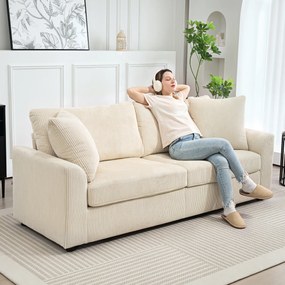 HOMCOM Sofa 3-osobowa z poduszkami dekoracyjnymi, Corduroy, do salonu, sypialni, szerokość 212 cm, Kremowa