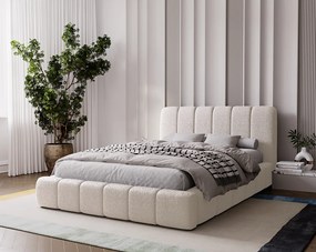 Emporius Milan łóżko tapicerowane 160x200 - pufiaste łóżko do sypialni, łóżko z pojemnikiem i stelażem - tkanina boucle, kremowy (Anthology 1)