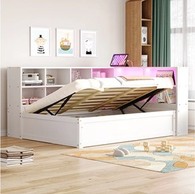 Łóżko dziecięce z pojemnikiem - 90 x 200 cm - z diodami LED + kilka schowków - łóżko hydrauliczne - drewno + MDF - białe