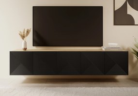 Szafka RTV wisząca Asha 200 cm z ryflowanym frontem - artisan / czarny mat