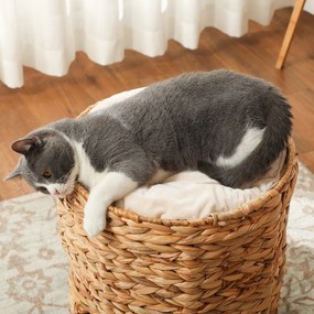 PawHut Drapak 50 cm, 2 jaskinie, poduszka, beczka dla kota z hiacyntu wodnego, Jasnobrązowy