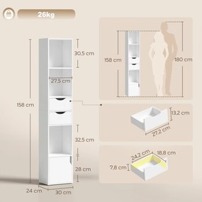 HOMCOM Regał na książki z 2 szufladami, wąska szafka z 3 otwartymi półkami, do biura, sypialni 30x24x158cm Biały | Aosom PL
