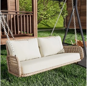 Huśtawka ogrodowa z rattanu PE 2-osobowa, huśtawka ogrodowa - z poduszkami i 2 łańcuchami - 112 x 54 x 48 cm - Beżowa