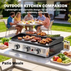 Outsunny Grill Gazowy 7,5 kW Przenośny Stołowy z 3 Palnikami Powłoka Ceramiczna Ruszt do Podgrzewania | Aosom PL