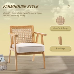 HOMCOM Egzotyczny Fotel Tapicerowany, Drewno Kauczukowe, Poduszka o Wyglądzie Lnu, 63D x 69S x 78W cm, Kremowy