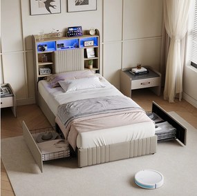 Łóżko 90x200 cm z 2 szufladami, oświetleniem LED, USB typu C, stolikami nocnymi ze schowkiem, otwartymi przegrodami, stelażem z listew - beżowe
