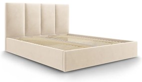 Beżowe tapicerowane łóżko dwuosobowe ze schowkiem ze stelażem 160x200 cm Juniper – Mazzini Beds