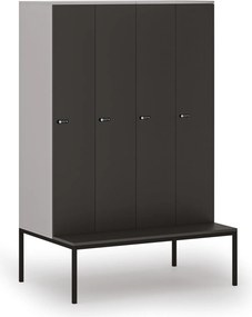 Drewniana szafa ubraniowa S4 z ławką, 4-drzwiowa, 1871 x 1200 x 500/800 mm, demontaż, zamek mechaniczny z kodem, szary/grafitowy