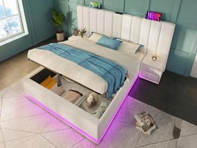Łóżko tapicerowane z ekoskóry 180×200cm - z LED i ładowaniem - z stelażem na listwach - Białe
