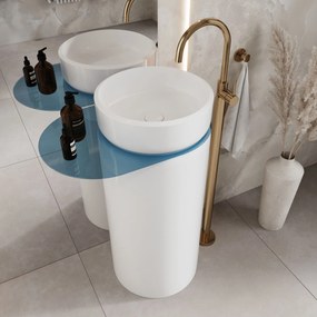 Umywalka z konglomeratu wolnostojąca okrągła z półką szklaną 85 x 40 cm RONA bez przelewu | Różne kolory półki : Kolor szkła - Niebieski, Kolor umywalki RONA - Biały matowy, Półka - Szklana