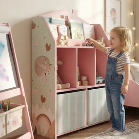 AIYAPLAY Regał dziecięcy na książki i zabawki z 2 materiałowymi szufladami, dla dzieci 3-8 lat, różowy, 62,5x30x91,5 cm | Aosom PL