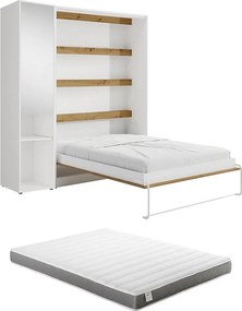 Łóżko chowane w szafie pionowe 140 x 200 cm - 1 kolumna do przechowywania - Z lustrem i oświetleniem LED - Białe i naturalne + Materac - RAPILI