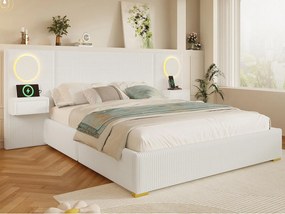 Łóżko tapicerowane 180x200 cm z francuskiego weluru - Z zagłówkiem LED, portem USB i 2 szufladami nocnymi - Beżowe (Materac nie jest wliczony)