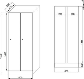 Szafa ubraniowa S1 obniżona, 2-drzwiowa, 1500 x 600 x 500 mm, zamek obrotowy, drzwi laminowane, brzoza