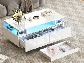 Stolik kawowy wysokiego połysku 90×45×35,5 cm - 2 szuflady - z oświetleniem LED - ze szkłem hartowanym - biały