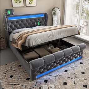 Łóżko z pojemnikiem 160x200 cm, szary aksamit, łóżko podwójne z oświetleniem LED i portami USB - bez materaca
