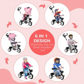 HOMCOM 6-w-1 Dziecięce Trójkołowiec z Rączką do Pchania, Daszek, Pas bezpieczeństwa, Koszyk, 18+ Miesięcy, Różowy