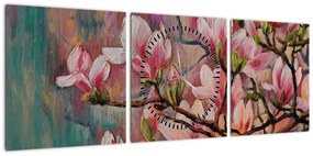 Obraz - Obraz olejny, Kwitnąca sakura (z zegarem) (90x30 cm)
